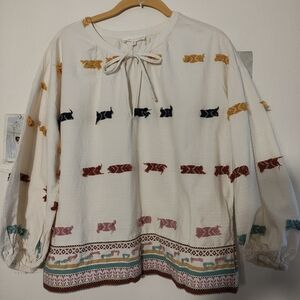 Lou & Grey For Loft Embroidered Tunic Top Ivory Size Small  Hippie